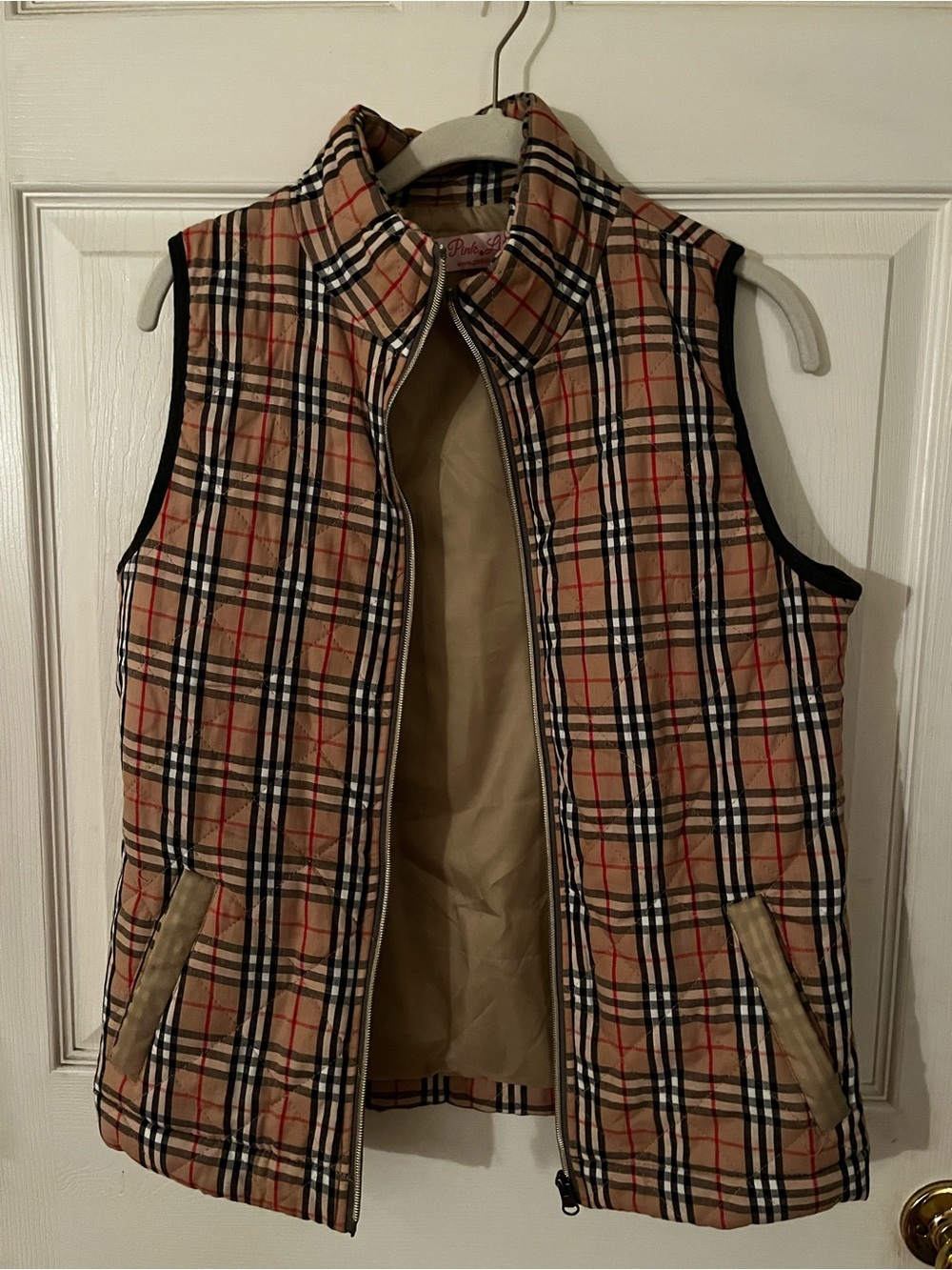 Pink Lily Beige Plaid Quilted Vest